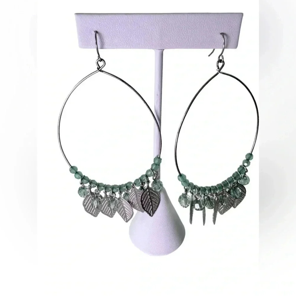 3” Handmade Pastel Green Beads With Silver Leaves Hoop - Light Green Boho Plants - Picture 4 of 5